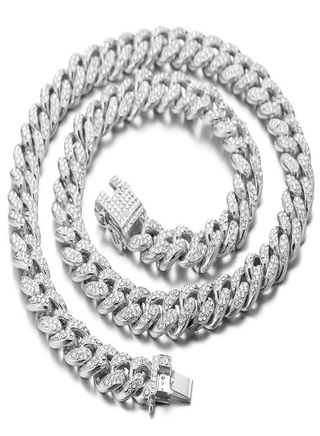 Halukakah Diamond Cuban Link Chain for Women 13.5MM Platinum White Gold Finish Choker Necklace 16",Full Cz Diamond Cut Prong Set,with Giftbox - Image 1